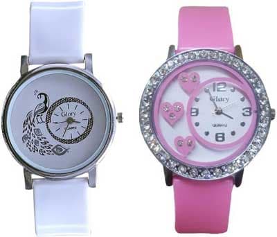 Glory Round Dial Pink White pu  Watch For Women(Pack of 2) 6 MONTH WARRANTY